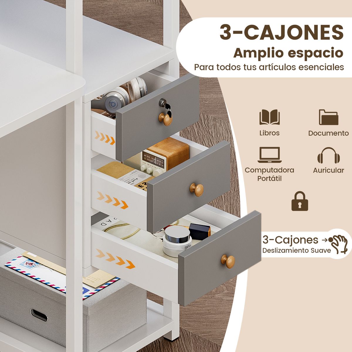 VIDITA - Escritorio Biblioteca Con Cerraduras 140x60x110cm Con Estanteria Reversible Cajones Trabajo