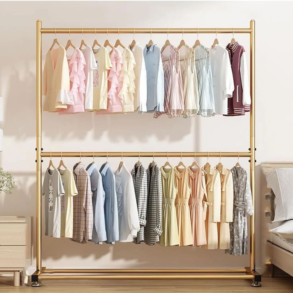 BITART - PERCHERO DOBLE PISO ORGANIZADOR DE ROPA TUBO GRUESO DORADO