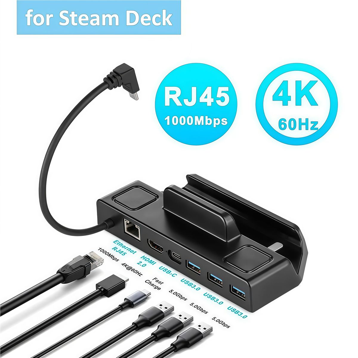 RENVMEXY - Dock Steam Deck 6-en-1 Base HDMI 4K 60Hz 3 USB 3.0 PD 65W Ethernet