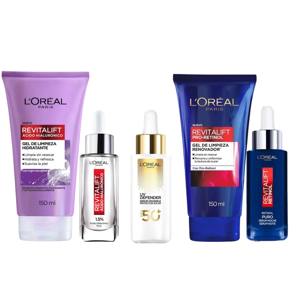 LOREAL PARIS - Rutina Facial Revitalift Hialurónico Retinol  AM PM 5 Pasos Antiarrugas