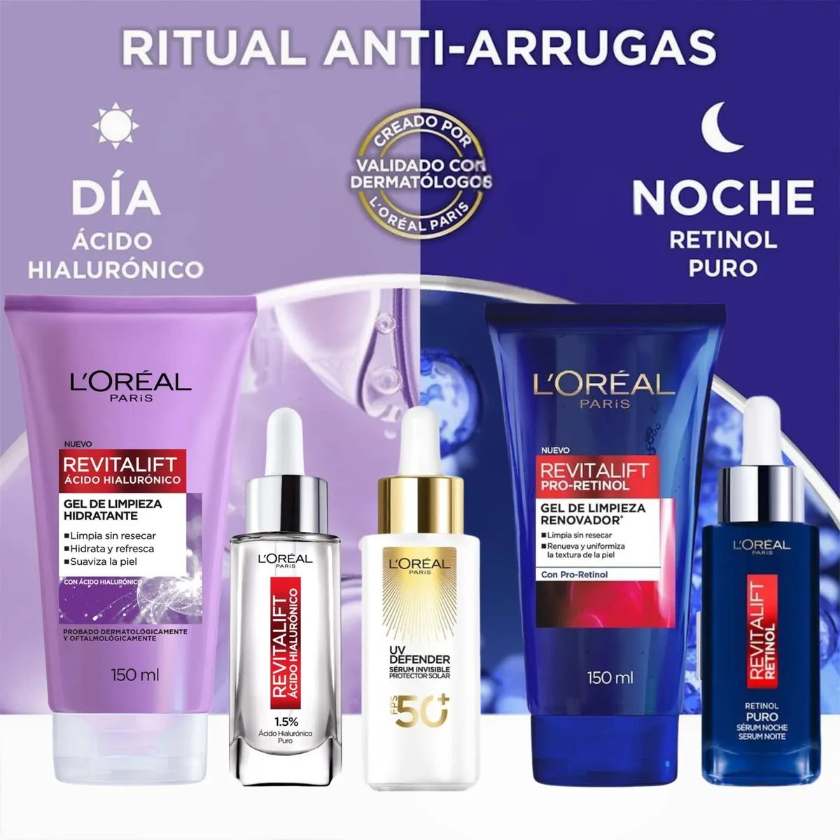 LOREAL PARIS - Rutina Facial Revitalift Hialurónico Retinol  AM PM 5 Pasos Antiarrugas