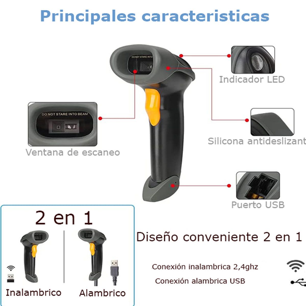 UTEK - LECTOR DE CODIGOS DE BARRA DUAL INALAMBRICO Y CON CABLE USB NEGRO