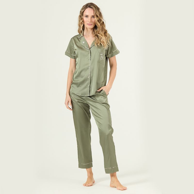 BARBIZON - Pijama de Mujer Roma Pantalon Manga Corta Verde