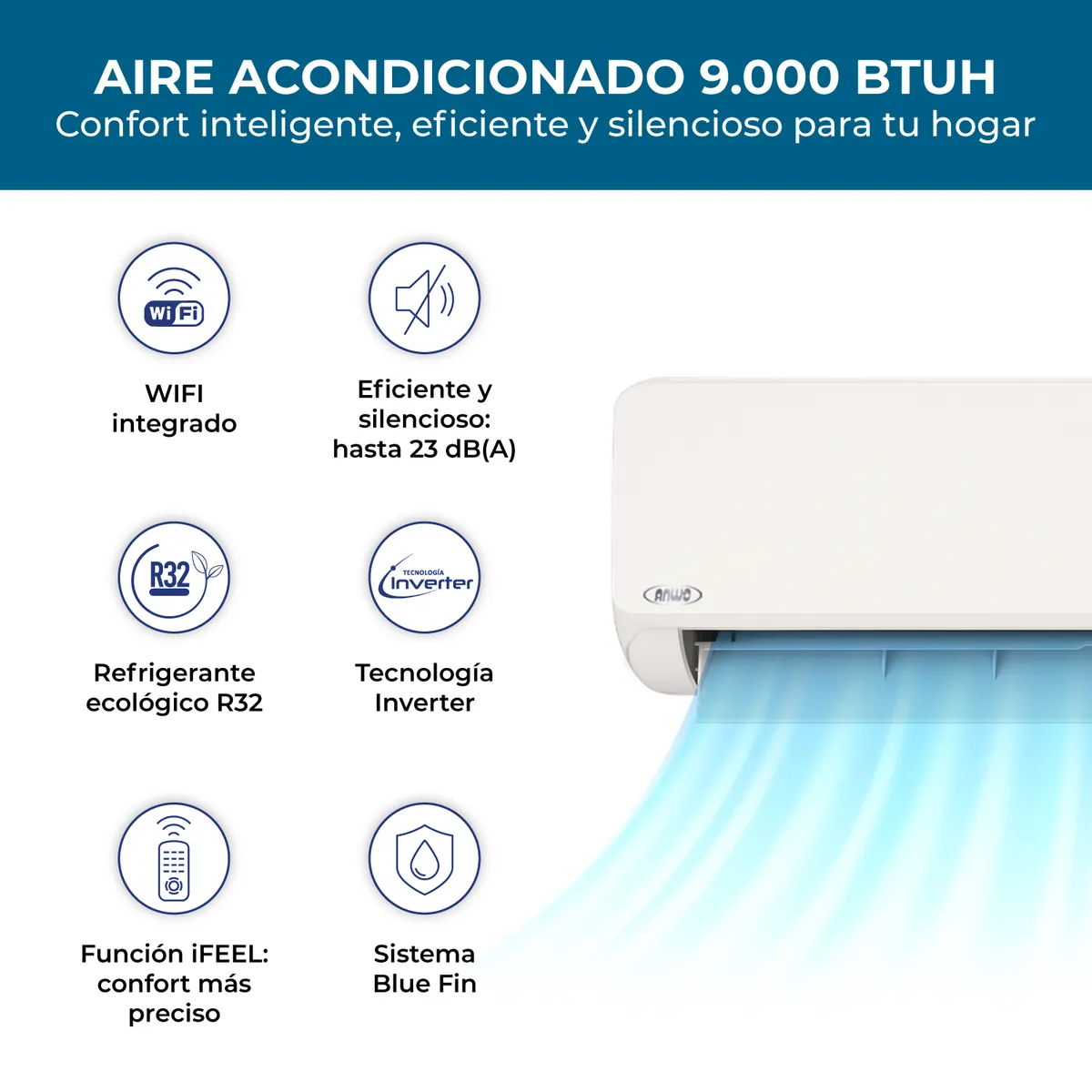 ANWO - Aire Acondicionado Split Muro INVERTER ANWO ECOFLOW 9.000 BTU con Wifi