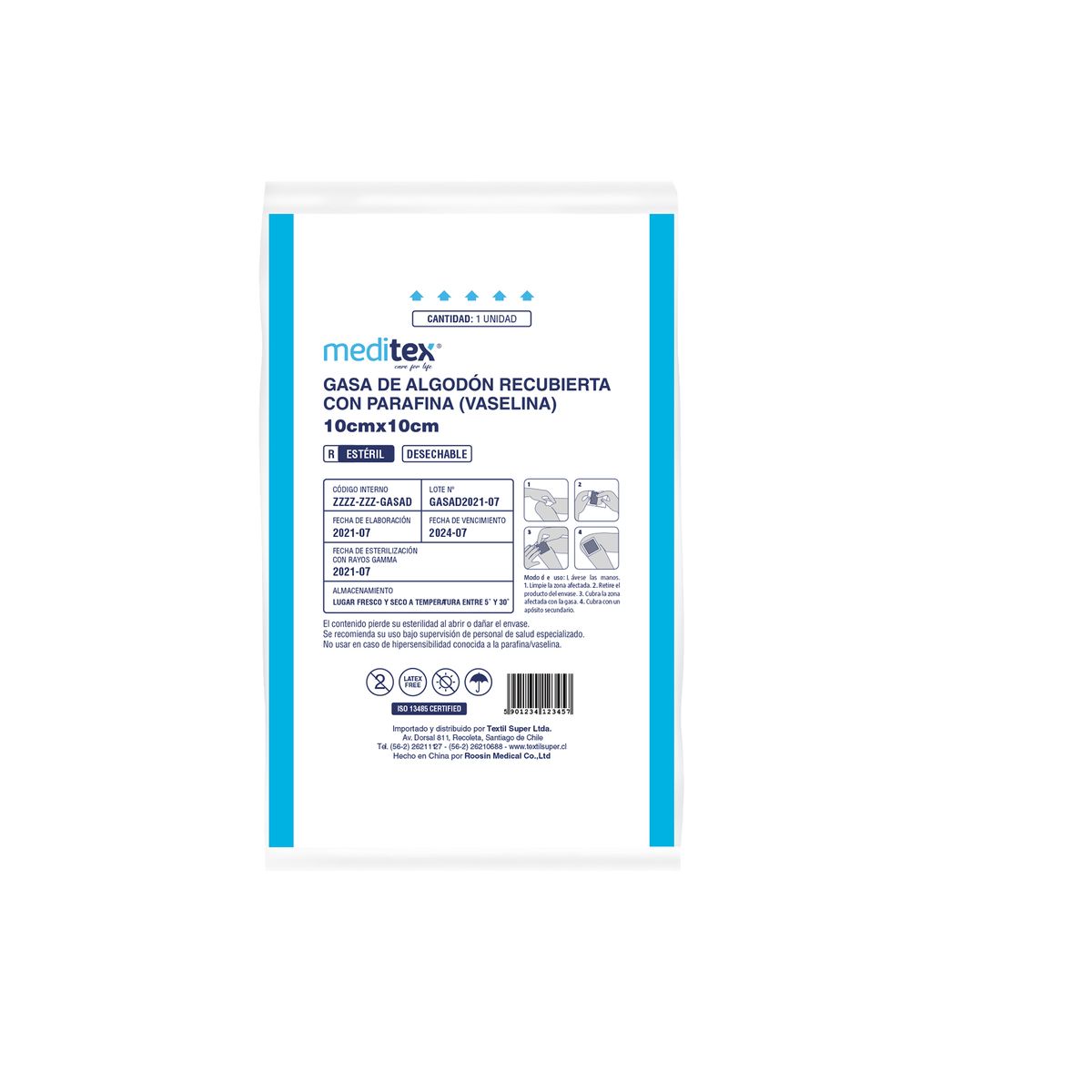 MEDITEX - GASA DE ALGODÓN RECUBIERTA CON PARAFINA (VASELINA) ESTÉRIL 10CM X 10 CM