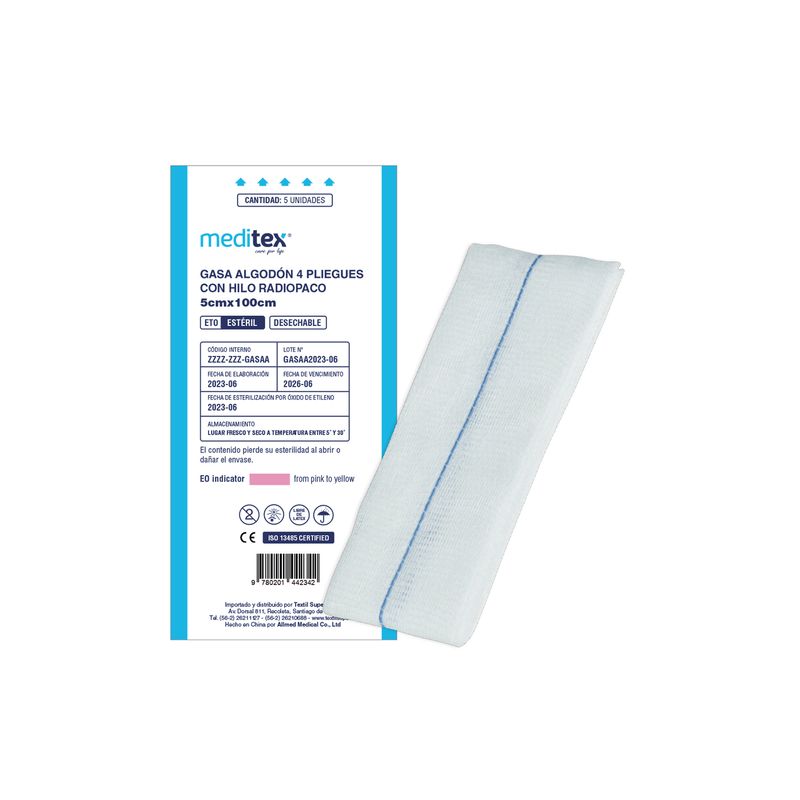 MEDITEX - GASA DE ALGODÓN ESTÉRIL 4 PLIEGUES 5CM X 100CM