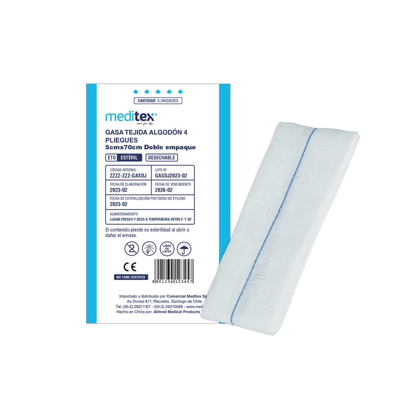 MEDITEX - GASA TEJIDA ALGODÓN 4 PLIEGUES 5CMX70CM DOBLE EMPAQUE