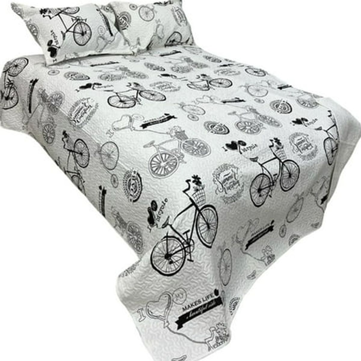 GENERICO - Cubrecama quilt verano 2 plazas estampado bicycle blanco