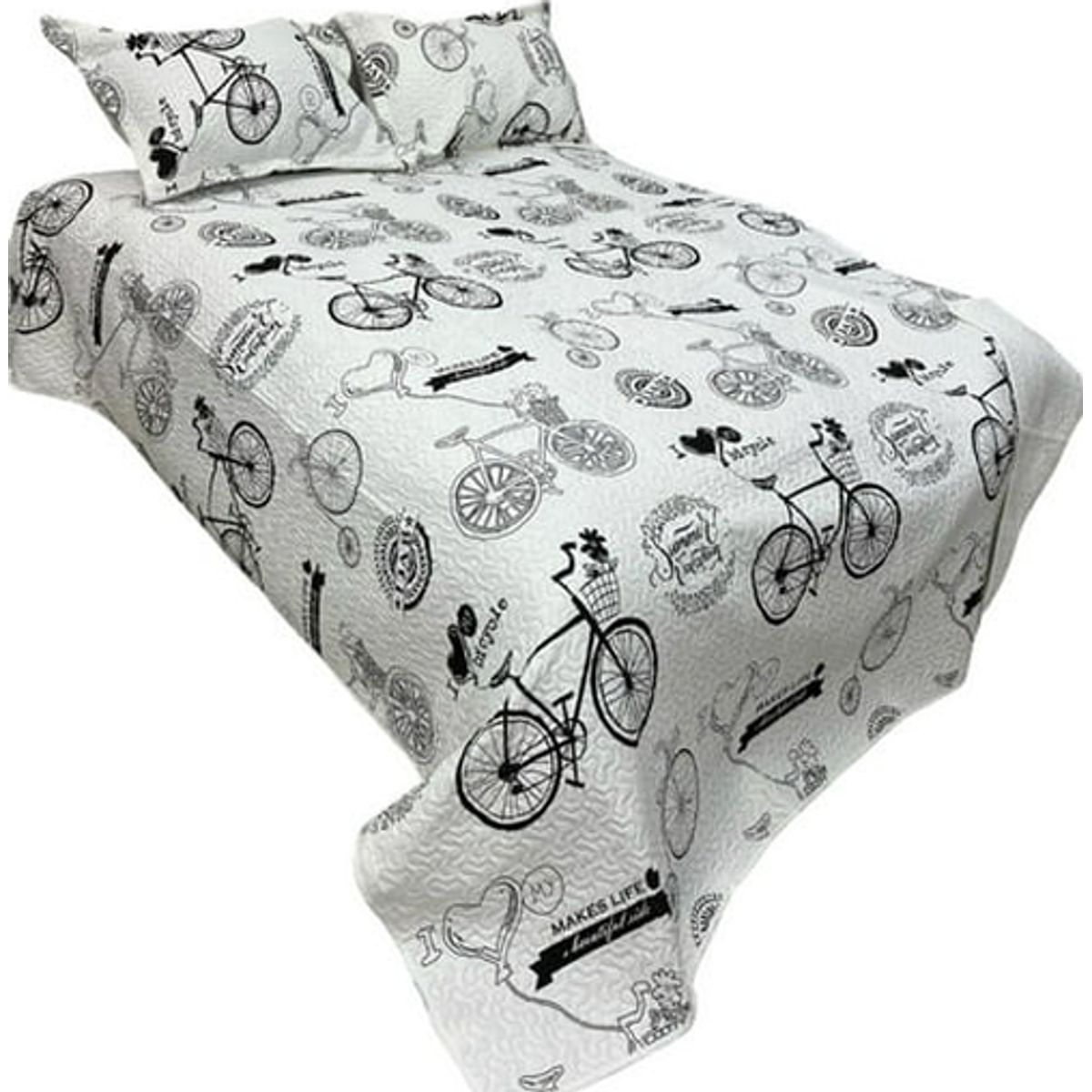 GENERICO - Cubrecama quilt verano 2 plazas estampado bicycle blanco