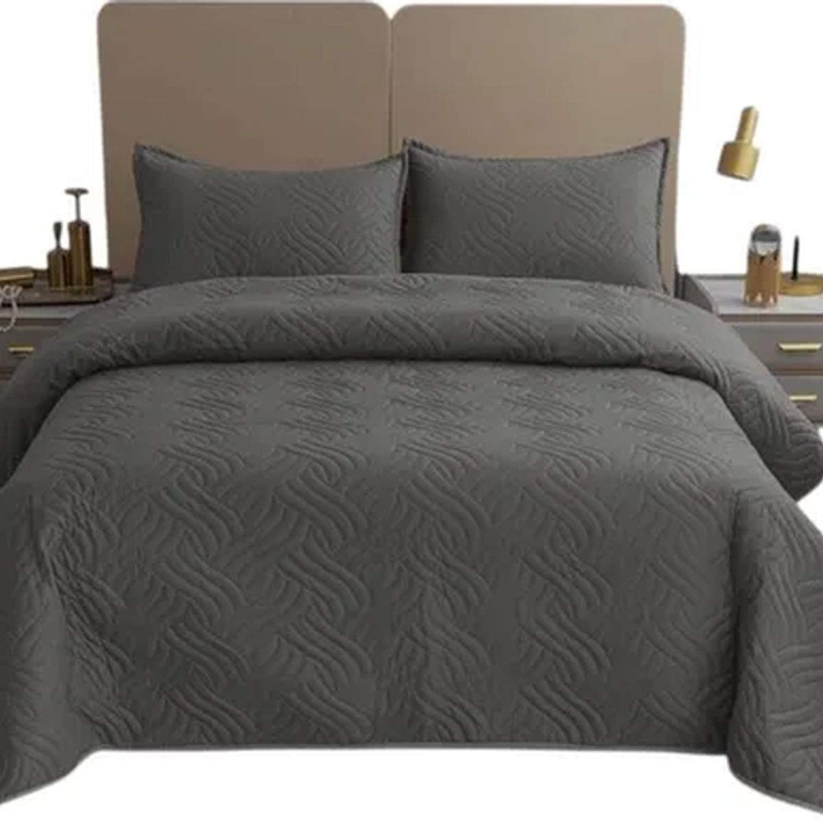 GENERICO - Cubrecama verano king gris oscuro + fundas