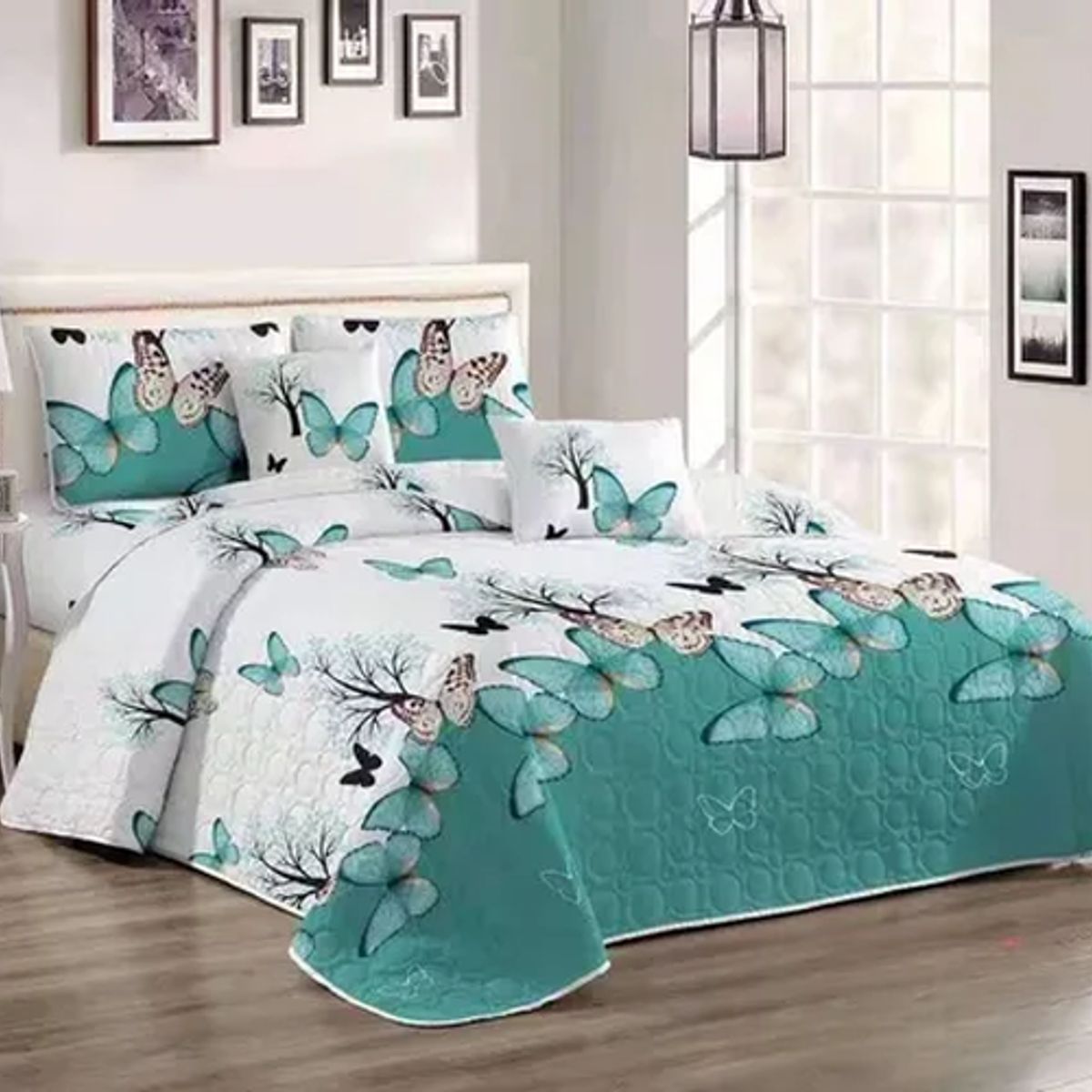 GENERICO - Quilt verano blanco mariposas verdes kingsuper king