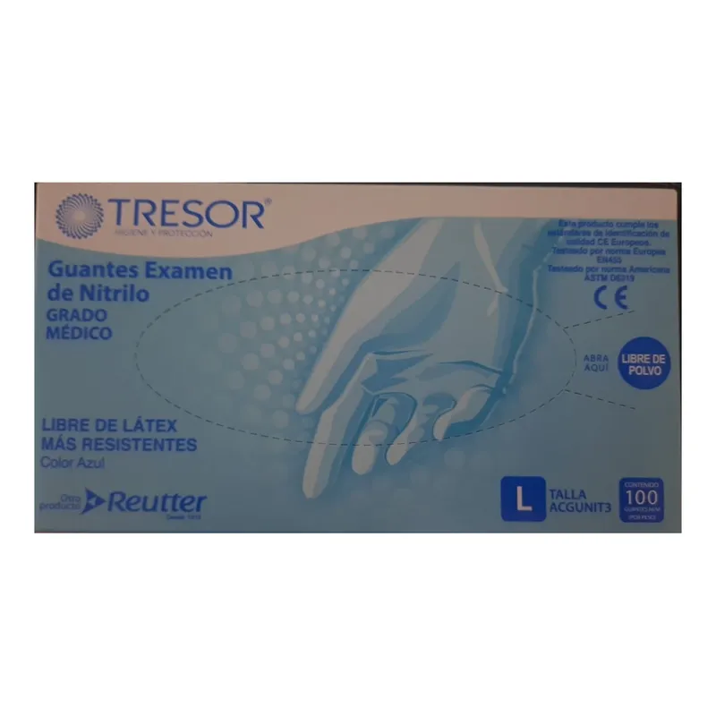 REUTTER - Guante Tresor Examen Nitrilo  Azul Talla L 100 Unidades