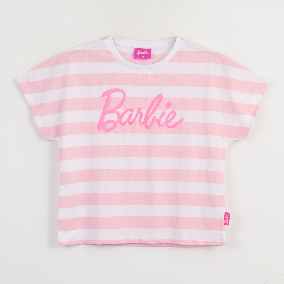 BARBIE - Polera Manga Corta Niña Blanco Rayas Estampado Barbie