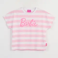 BARBIE - Polera Manga Corta Niña Blanco Rayas Estampado
