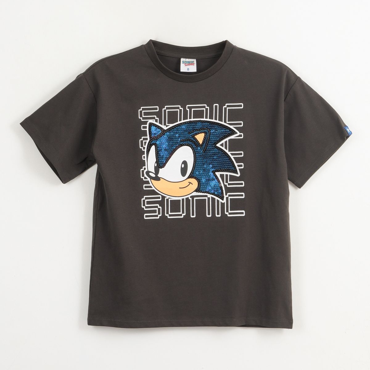 SONIC - Polera Manga Corta Niño Gris Face Lentejuelas Sonic