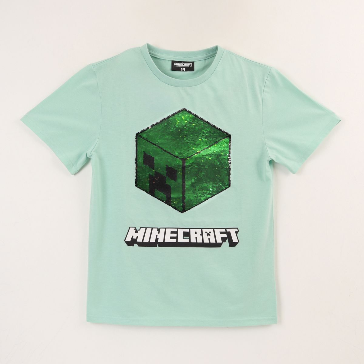 MINECRAFT - Polera Manga Corta Niño Verde Sequins Reversi Minecraft