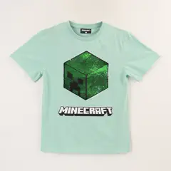 MINECRAFT - Polera Manga Corta Niño Verde Sequins Reversi
