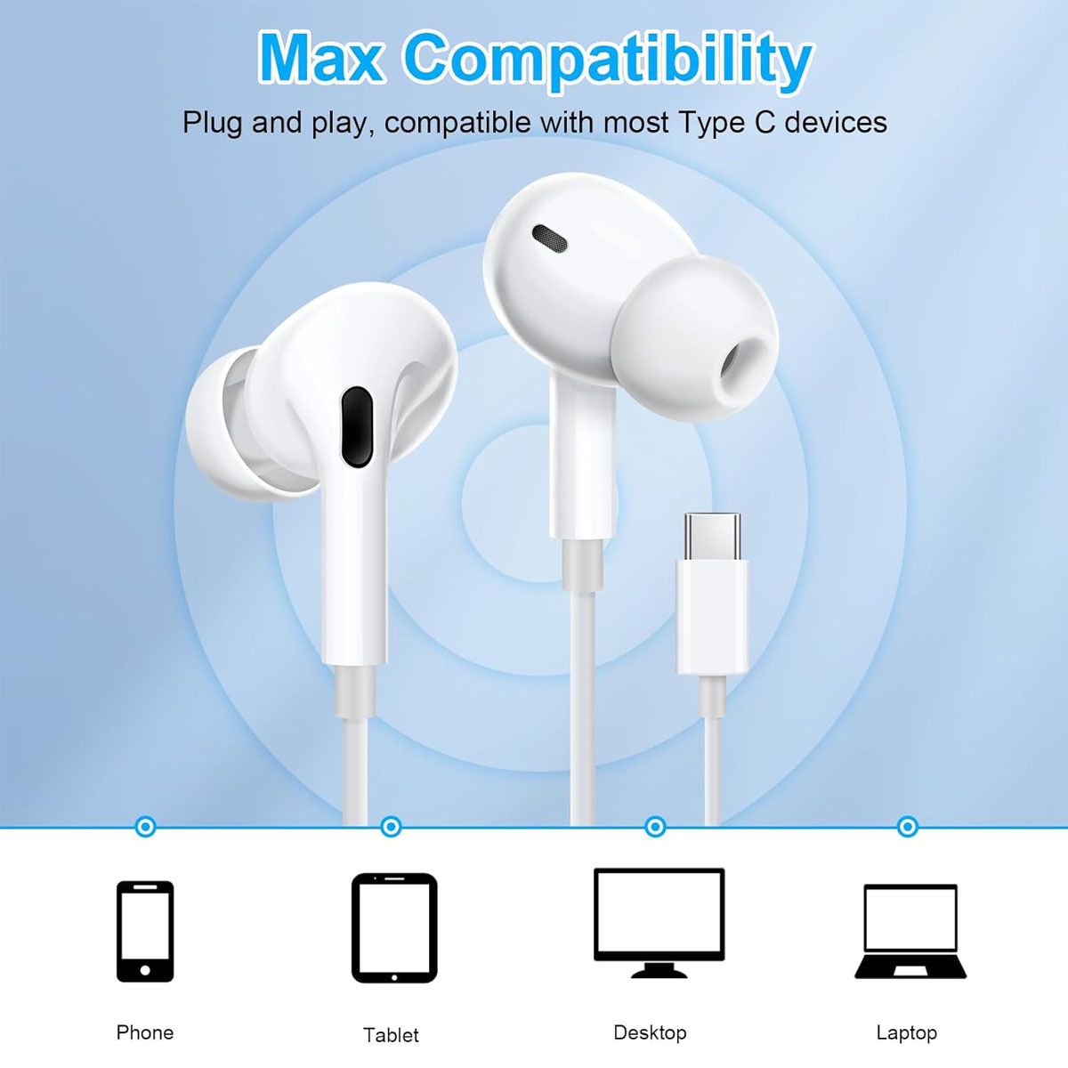 MICROLAB - Audifono Con Cable USB-C Manos Libre Control Volumen Blanco