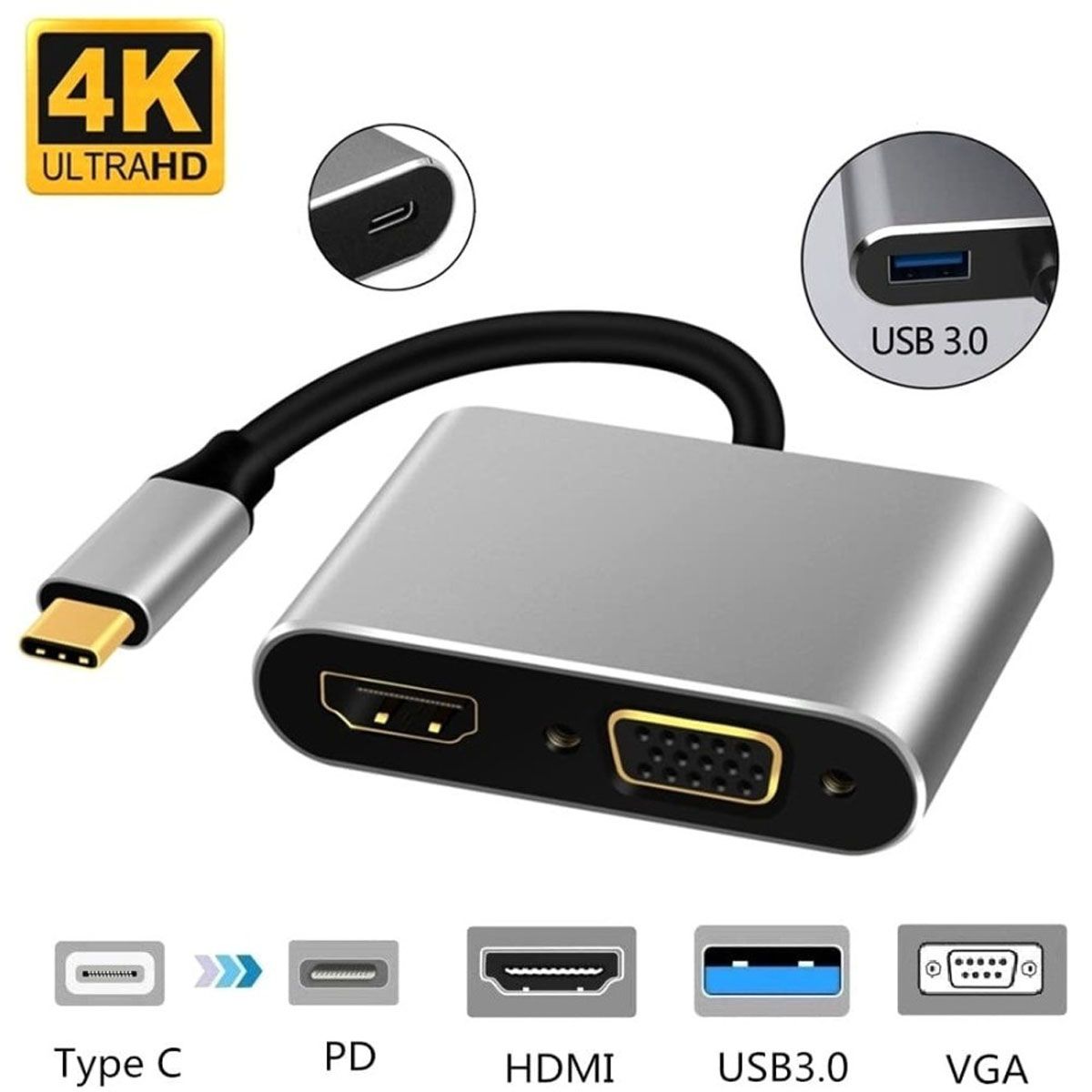 MOTOMO - Adaptador USB-C 4 En 1 Usb-C A Hdtv Suport 4k+Usb3.0+Pd+VGA