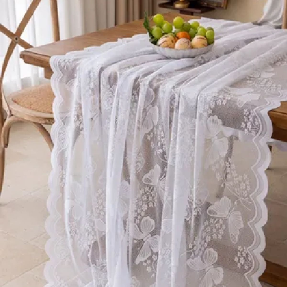 GENERICO - Mantel mariposa visillo encajes 150x265 blanco