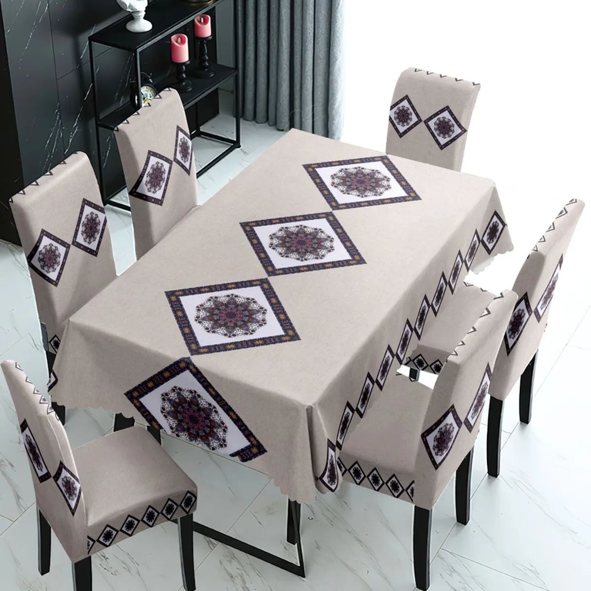 GENERICO - Mantel wym rectangular +6 fundas silla beige triángulo