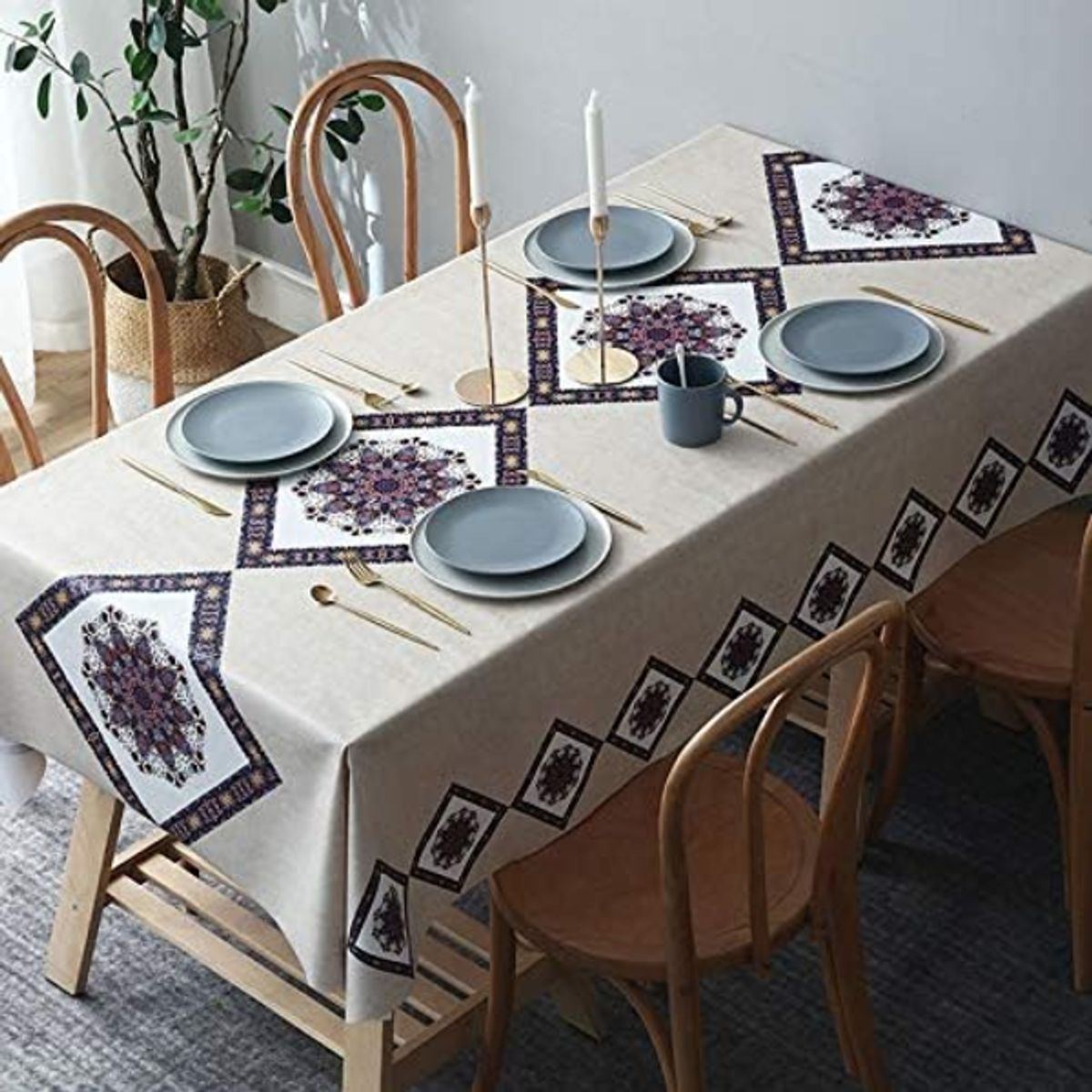 GENERICO - Mantel wym rectangular +6 fundas silla beige triángulo