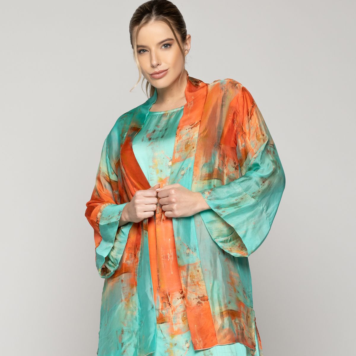 LINEATRE - Tapado Mujer Spolverino Dafne Verde Agua Y Naranja Lineatre