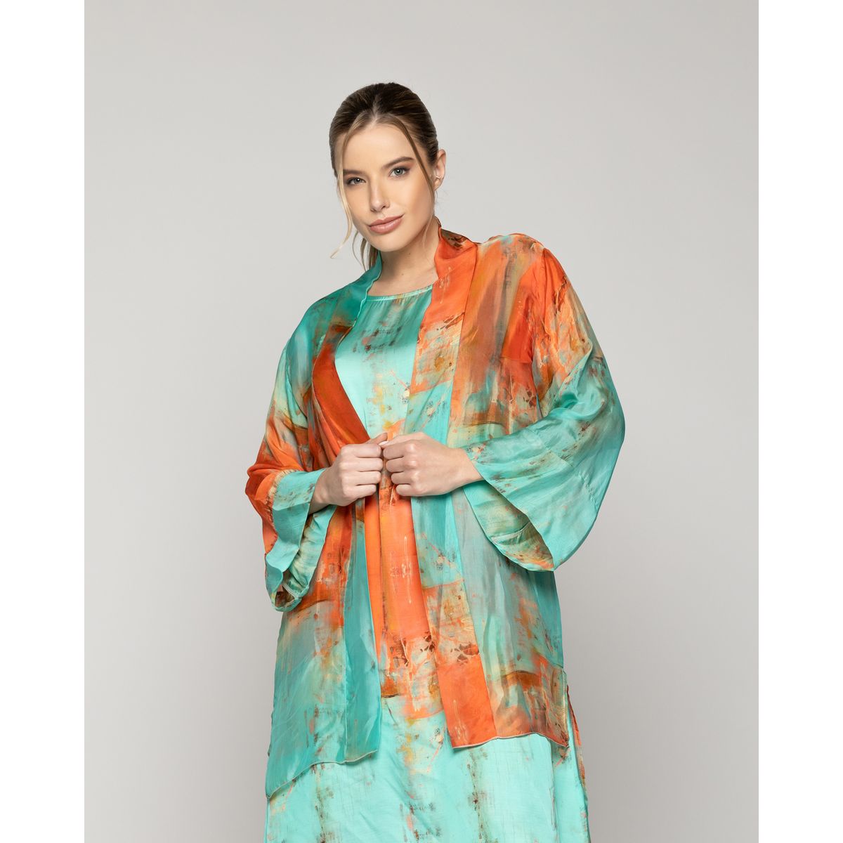 LINEATRE - Tapado Mujer Spolverino Dafne Verde Agua Y Naranja Lineatre