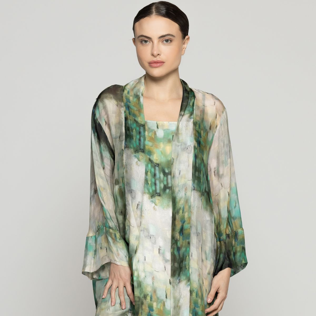 LINEATRE - Tapado Mujer Spolverino Dafne Verde Estampado Lineatre