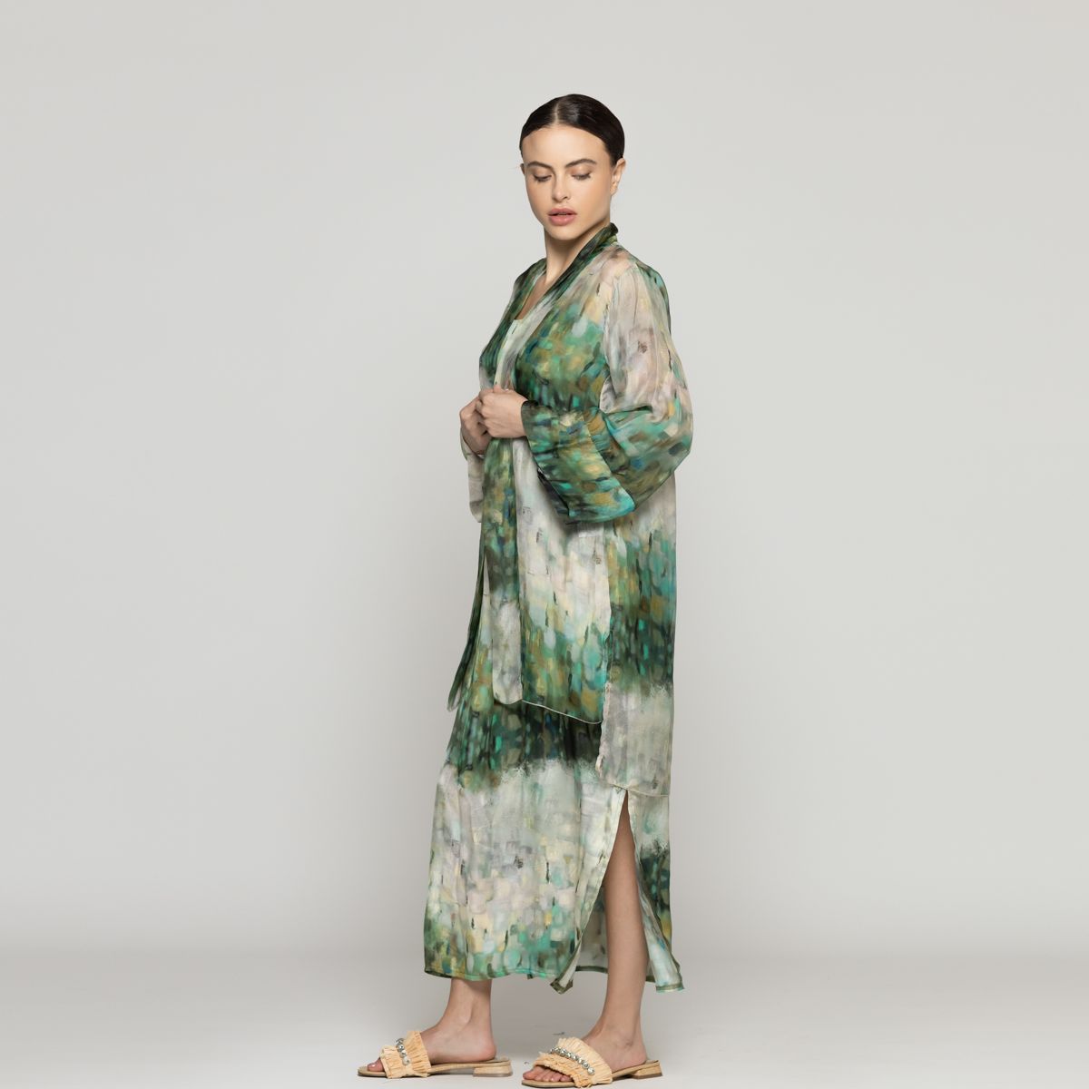 LINEATRE - Tapado Mujer Spolverino Dafne Verde Estampado Lineatre