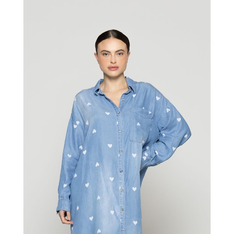 LINEATRE - Vestido Mujer Valery Camisero Denim Celeste Con Corazones Lineatre