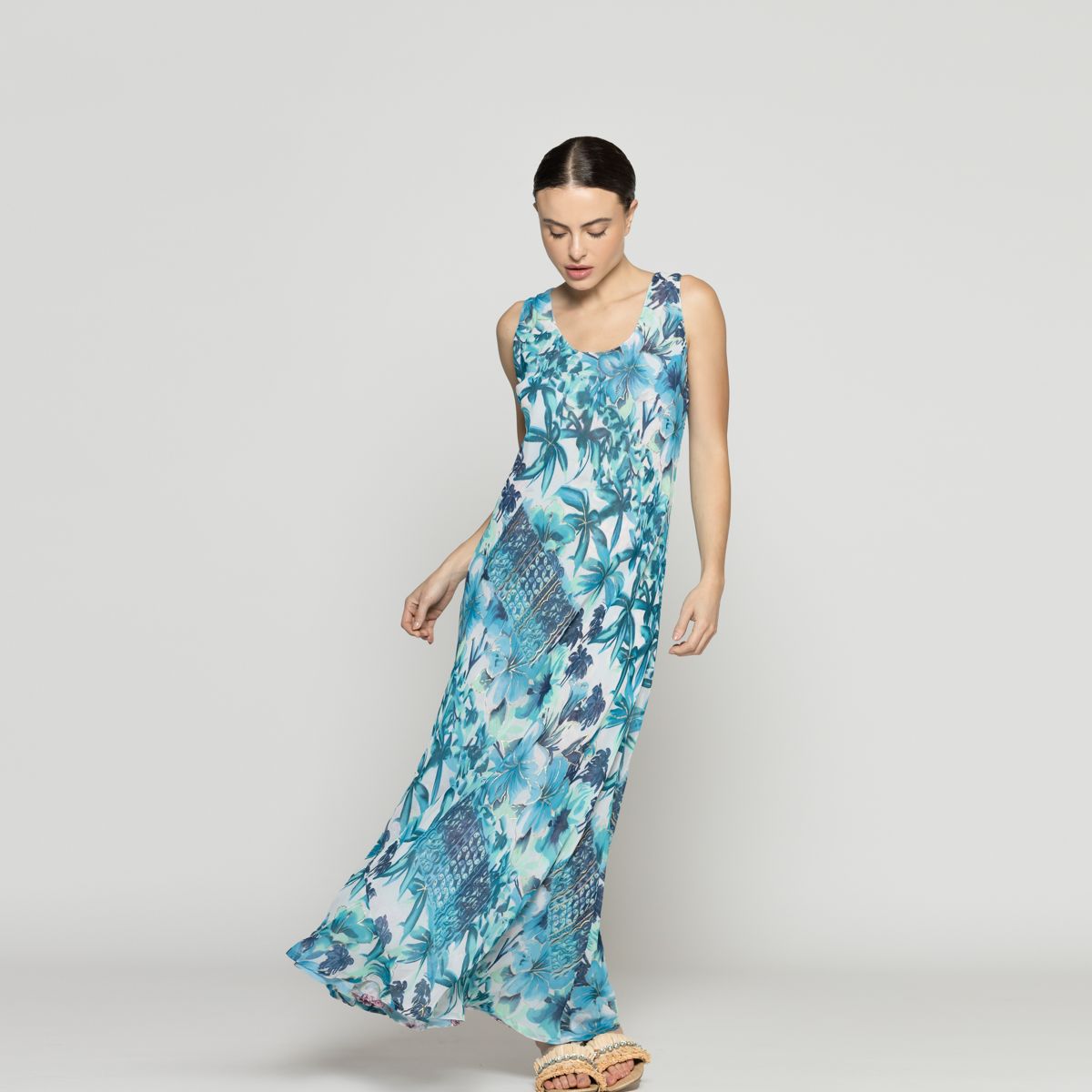 LINEATRE - Vestido Mujer Vilma Reversible Sin Mangas Estampado Azul/Celeste Lineatre