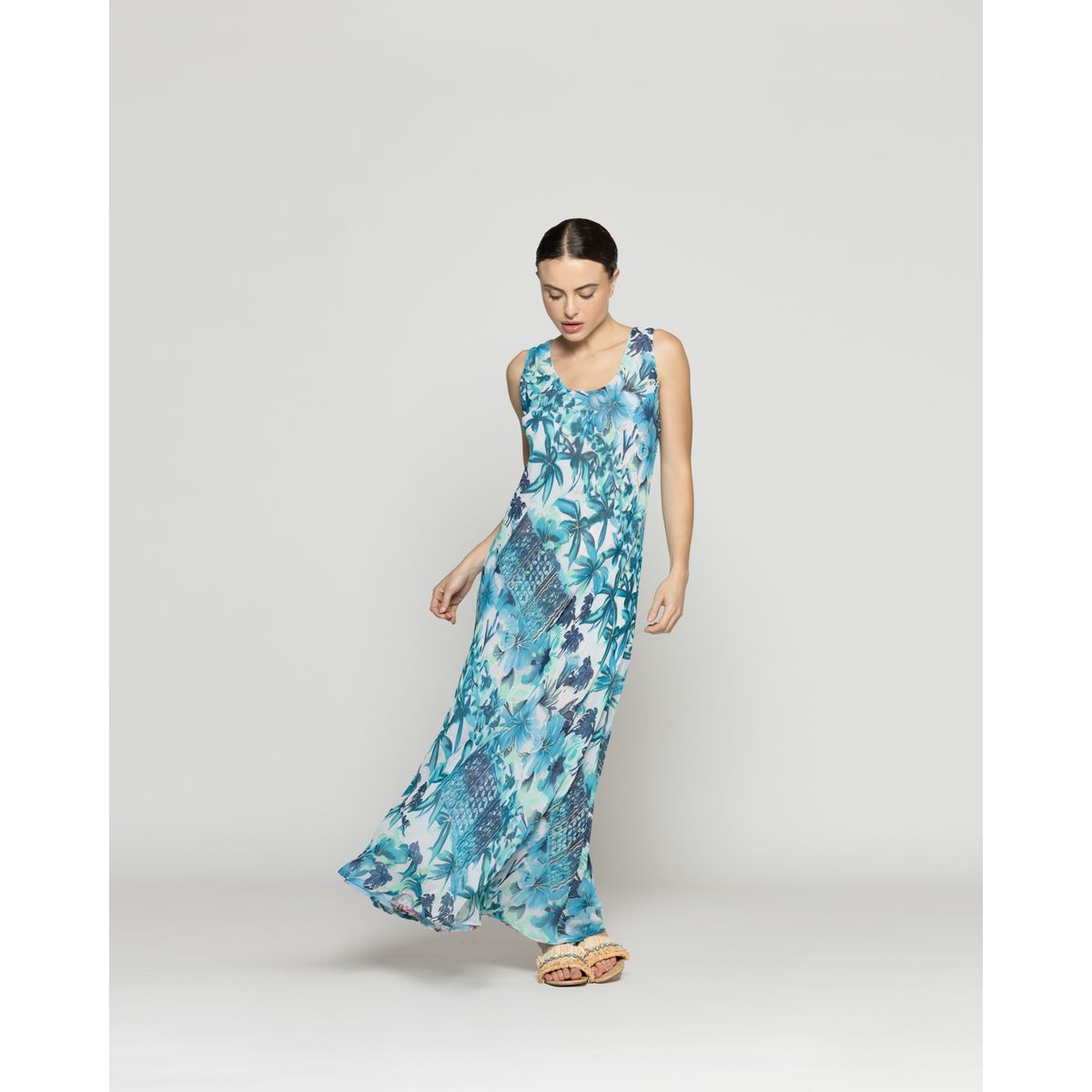 LINEATRE - Vestido Mujer Vilma Reversible Sin Mangas Estampado Azul/Celeste Lineatre