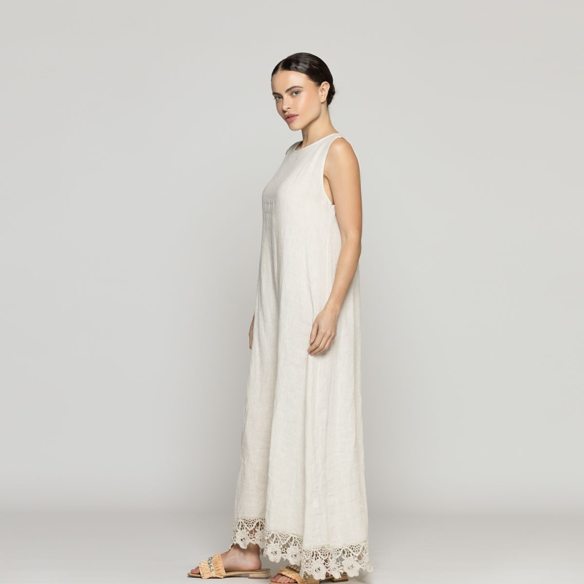 LINEATRE - Vestido Mujer Dianella Lino Bordado Beige Lineatre