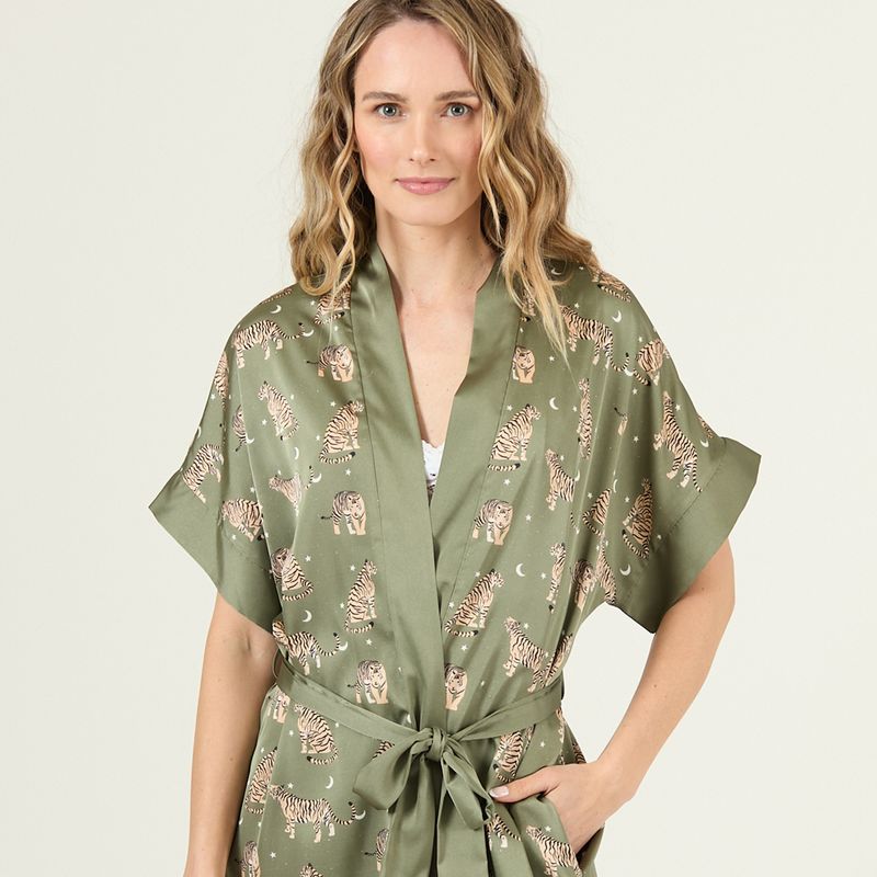 BARBIZON - Bata de Mujer Mini Satin Verde Estampado