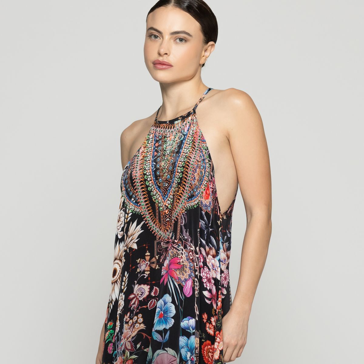 LINEATRE - Vestido Mujer Varya Corto Cuello Halter Estampado Negro Lineatre