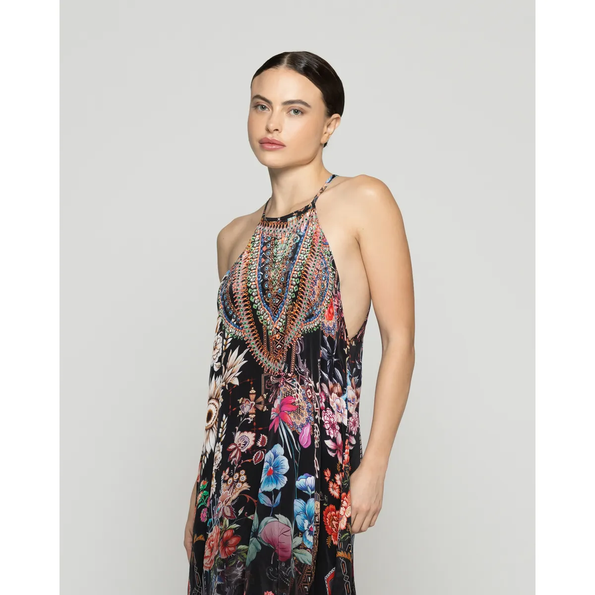 LINEATRE - Vestido Mujer Varya Corto Cuello Halter Estampado Negro Lineatre