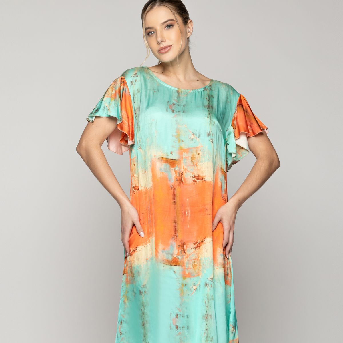 LINEATRE - Vestido Mujer Vicenza Manga Corta Naranja Y Verde Agua