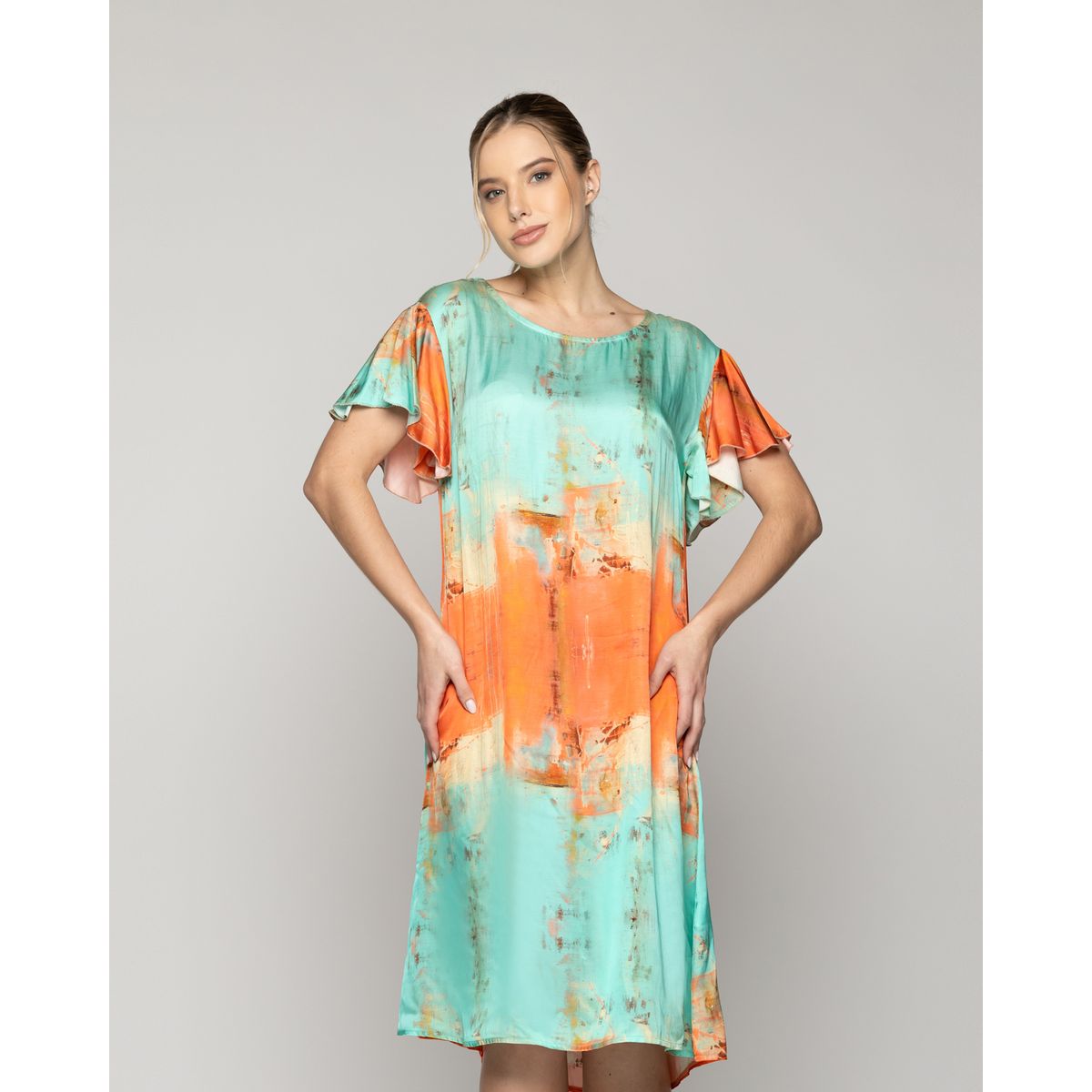 LINEATRE - Vestido Mujer Vicenza Manga Corta Naranja Y Verde Agua