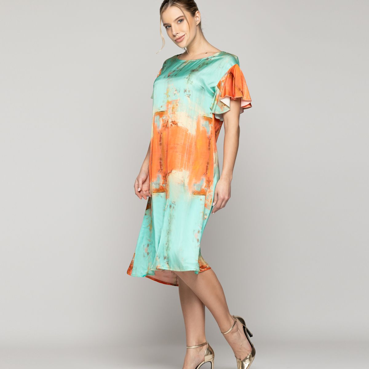 LINEATRE - Vestido Mujer Vicenza Manga Corta Naranja Y Verde Agua