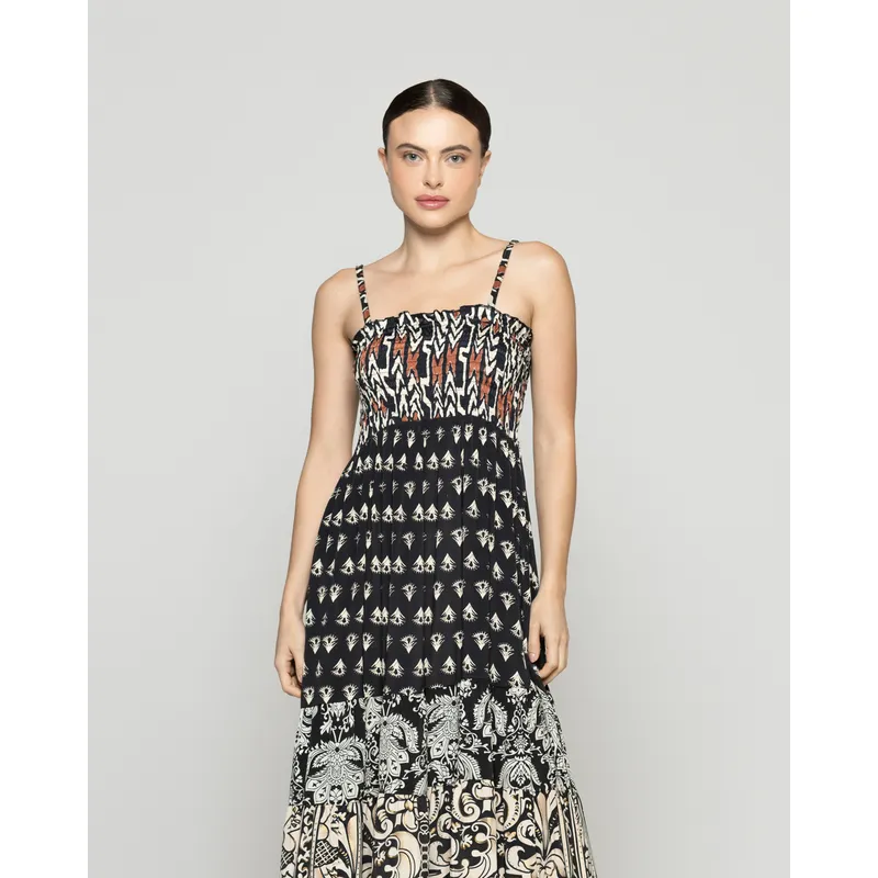 LINEATRE - Vestido Mujer Virna Estampado Negro Con Elástico Y Tirantes Lineatre