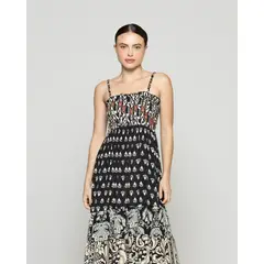 LINEATRE - Vestido Mujer Virna Estampado Negro Con Elástico Y Tirantes