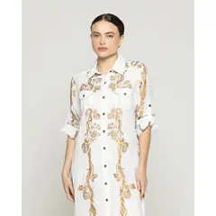 LINEATRE - Vestido Mujer Vladimira Camisero Con Estampado Dorado De Rosas Blanco