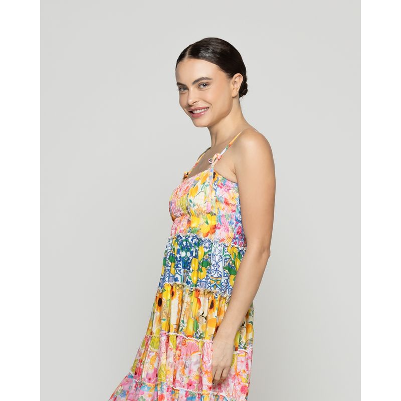 LINEATRE - Vestido Mujer Velinda Con Vuelos Y Elasticado Estampado Frutal Amarillo Lineatre