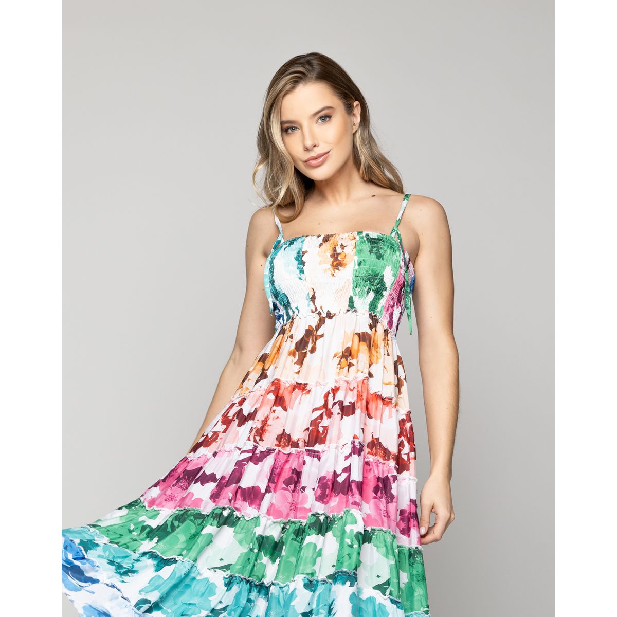 LINEATRE - Vestido Mujer Velinda Con Vuelos Y Elasticado Estampado Multicolor Lineatre