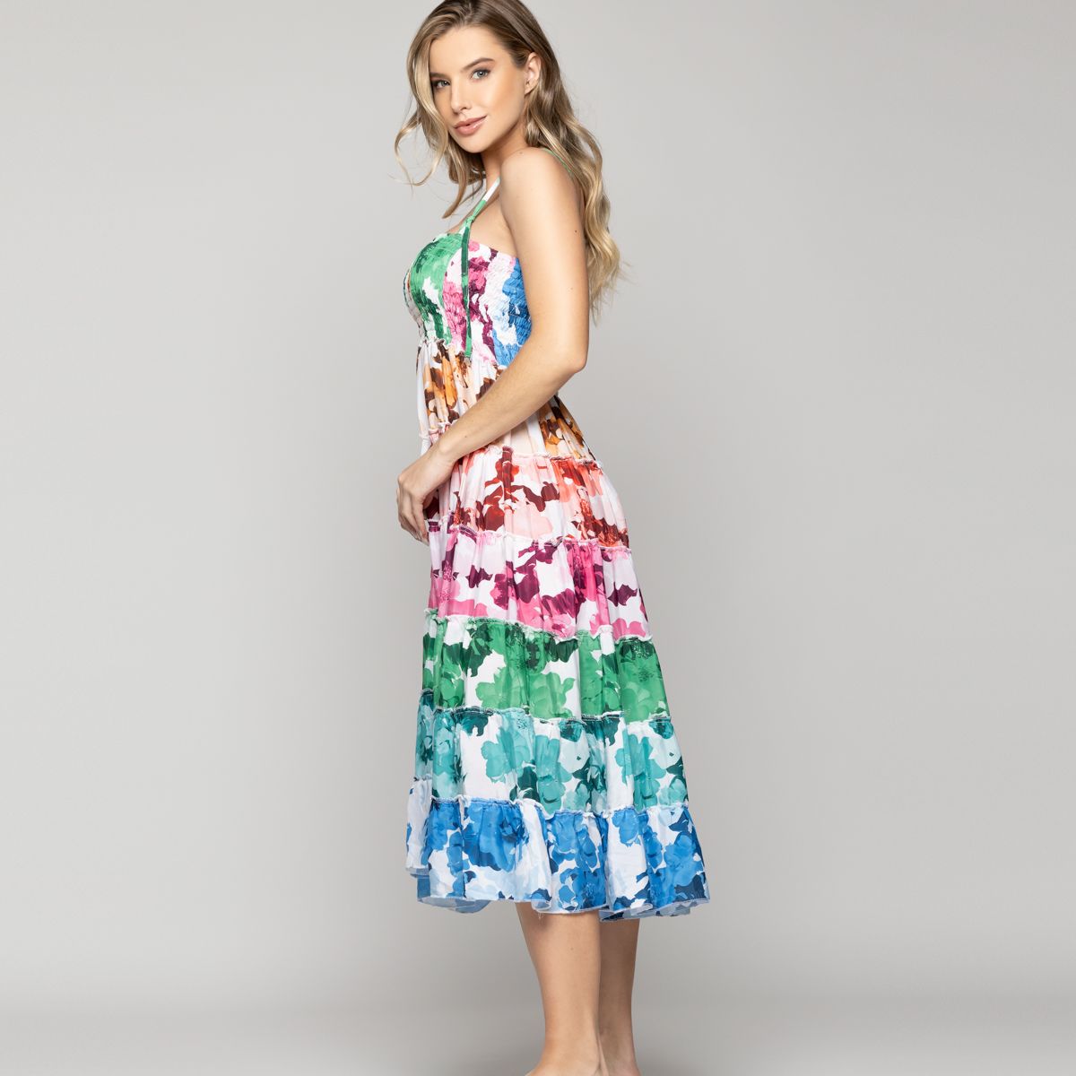 LINEATRE - Vestido Mujer Velinda Con Vuelos Y Elasticado Estampado Multicolor Lineatre