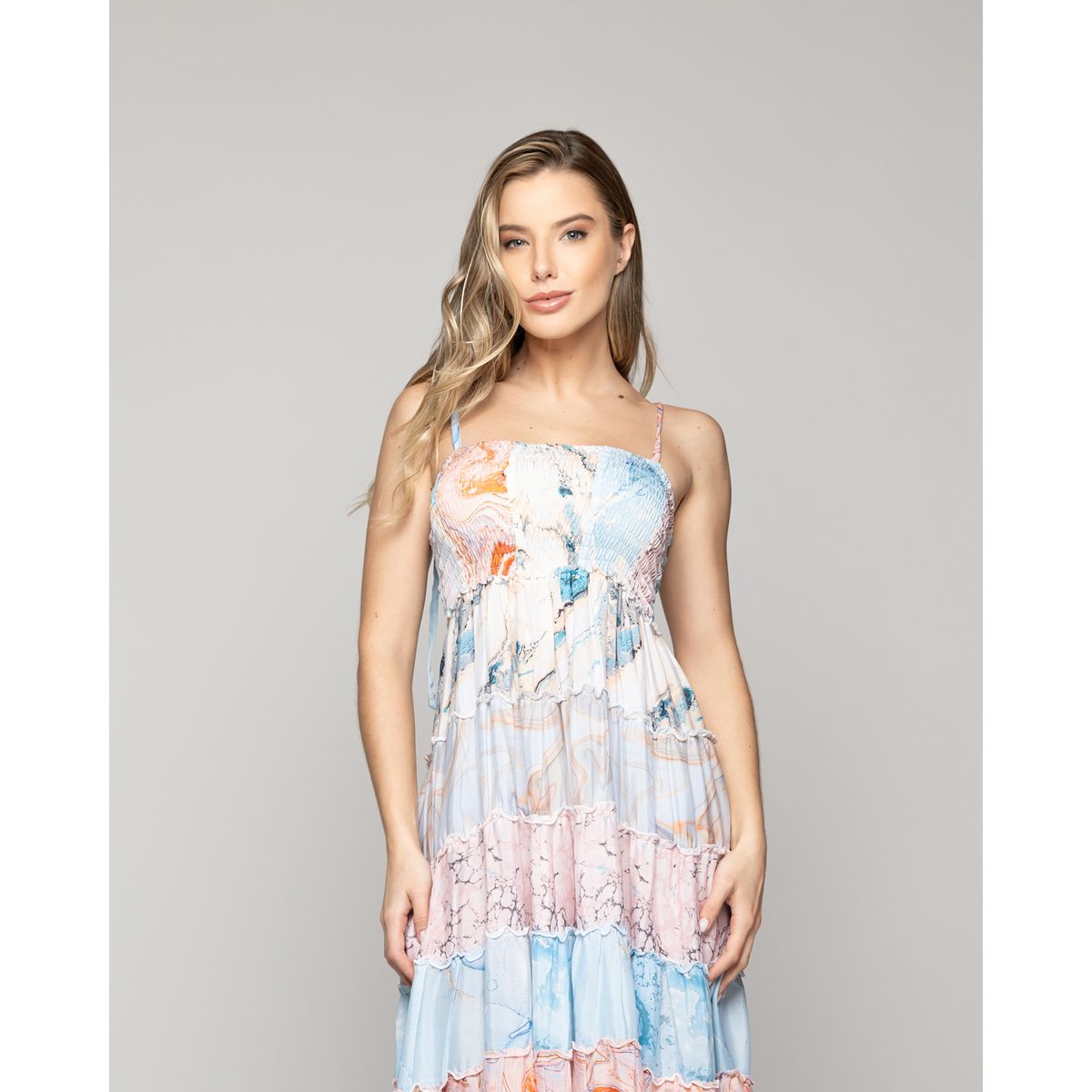 LINEATRE - Vestido Mujer Velinda Con Vuelos Y Elasticado Estampado Celeste Lineatre