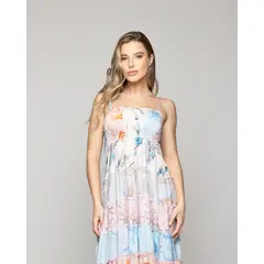 LINEATRE - Vestido Mujer Velinda Con Vuelos Y Elasticado Estampado Celeste