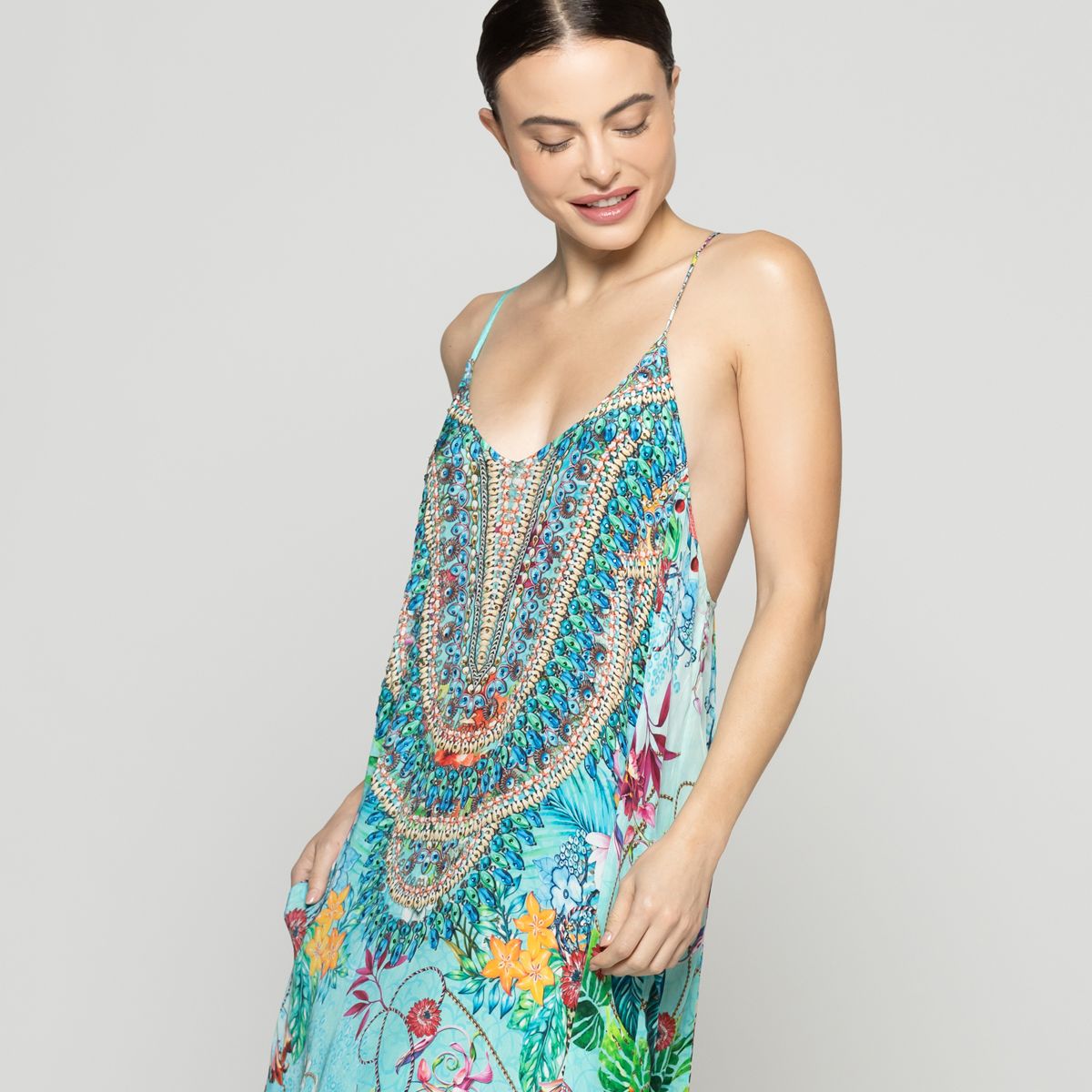 LINEATRE - Vestido Mujer Vicenta Largo Cuello V Estampado Verde Turquesa  Lineatre