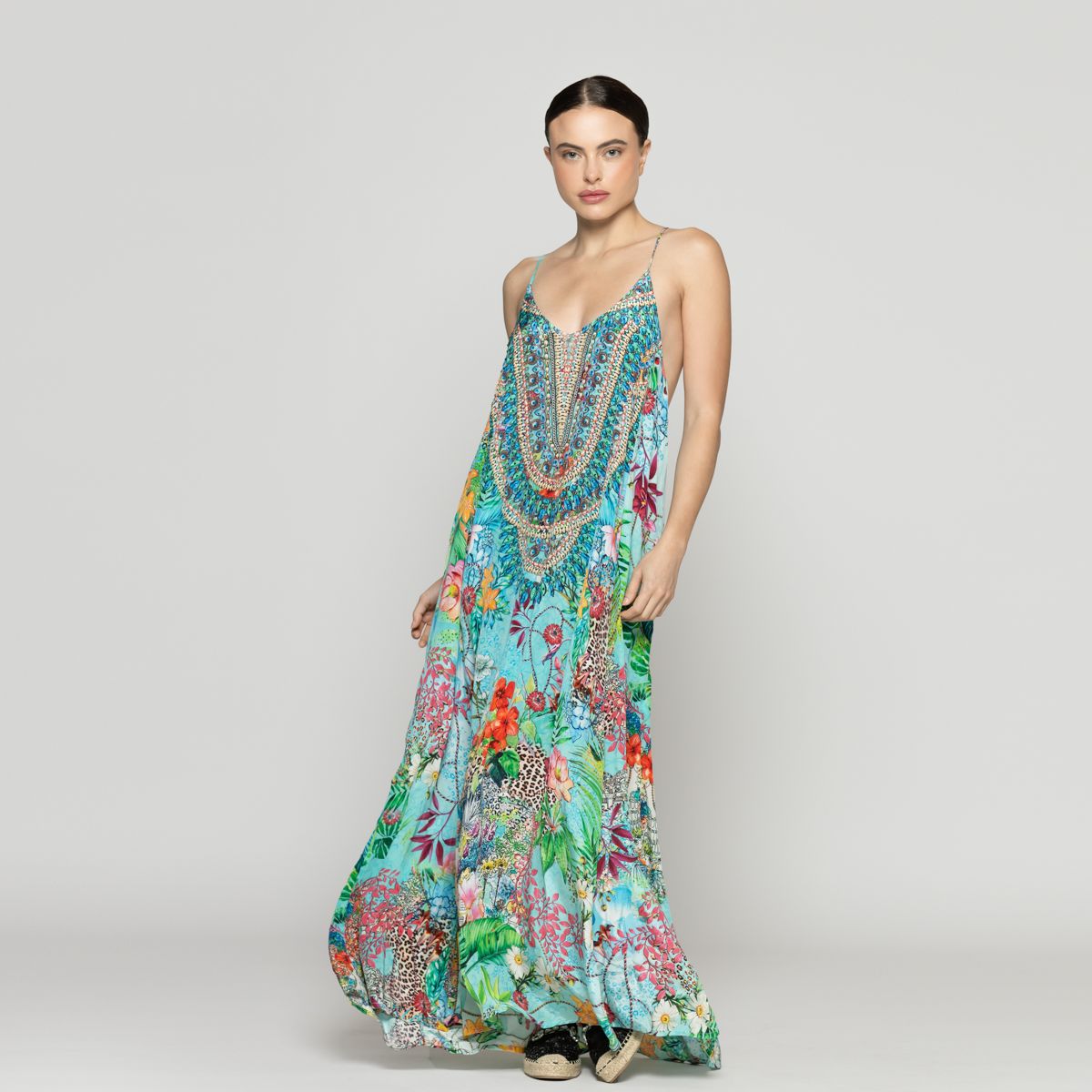 LINEATRE - Vestido Mujer Vicenta Largo Cuello V Estampado Verde Turquesa  Lineatre